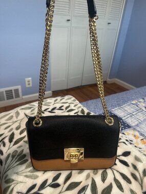 Michael Kors Tina Black and Tan Shoulder Bag with Gold Chain